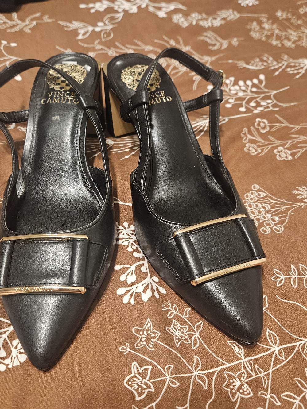 Vince Camuto Black Leather Pointed Slingback Heels with Gold Buckle